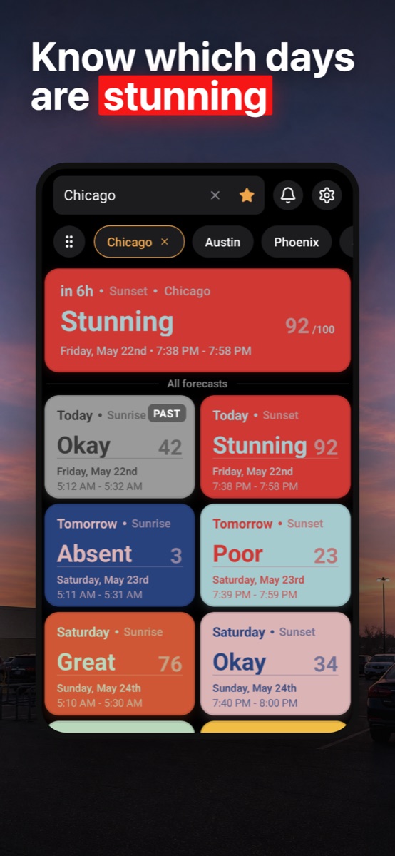 Sunset Score daily forecast screenshot
