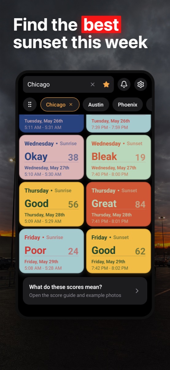 Sunset Score weekly forecast screenshot
